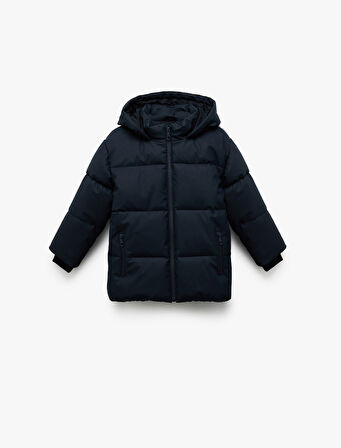 Fermuarlı Kapüşonlu Cep Detaylı Şişme Mont