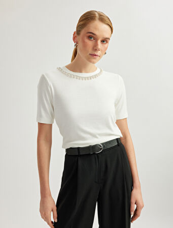 Bisiklet Yaka Kısa Kollu Viskon Taşlı Tişört