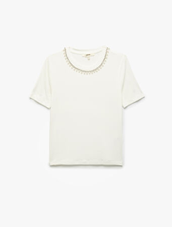 Bisiklet Yaka Kısa Kollu Viskon Taşlı Tişört