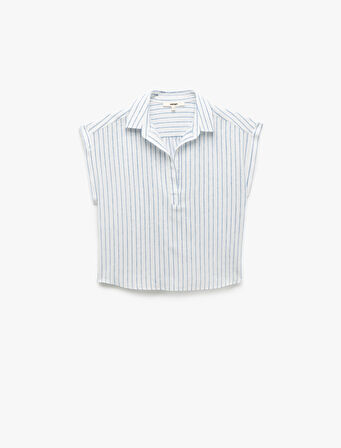 Viskon Keten Karışımlı Gömlek Yaka Kolsuz Crop Bluz