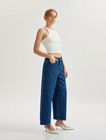 Yüksek Bel Düğmeli Cepli Geniş Paça Denim Pantolon -  Crop Wide Leg Jeans