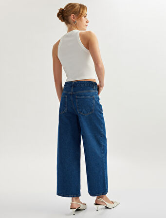 Yüksek Bel Düğmeli Cepli Geniş Paça Denim Pantolon -  Crop Wide Leg Jeans