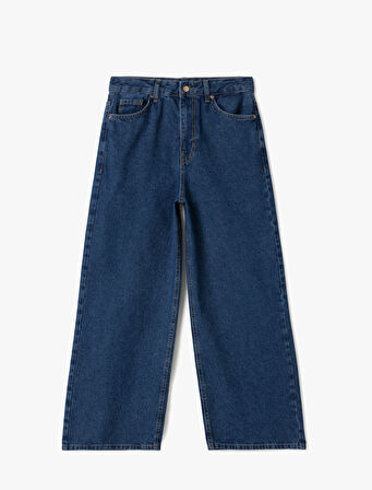 Yüksek Bel Düğmeli Cepli Geniş Paça Denim Pantolon -  Crop Wide Leg Jeans