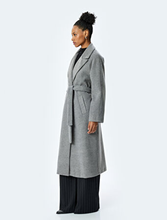 Cepli Kemerli Uzun Kollu Kruvaze Kaşe Kaban