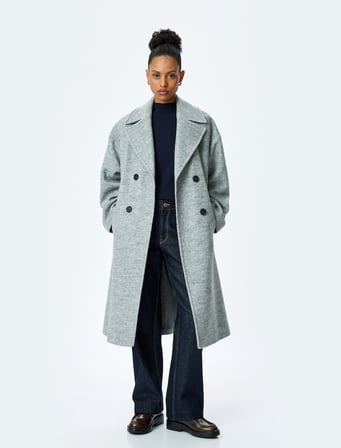 Cepli Düğmeli Kruvaze Oversize Kaşe Kaban