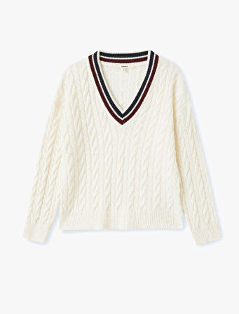 Uzun Kollu Saç Örgü Kadın Oversize V Yaka Kazak