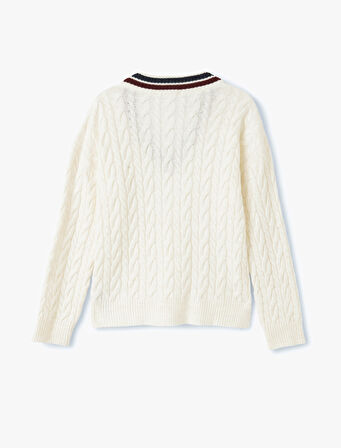 Uzun Kollu Saç Örgü Kadın Oversize V Yaka Kazak