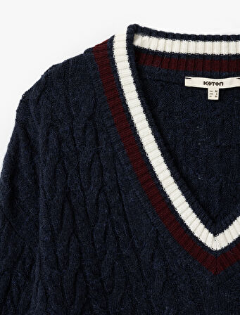 Uzun Kollu Saç Örgü Kadın Oversize V Yaka Kazak