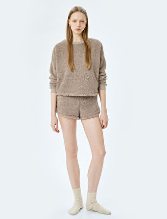 Bisiklet Yaka Yumuşak Dokulu Peluş Polar Pijama Üstü