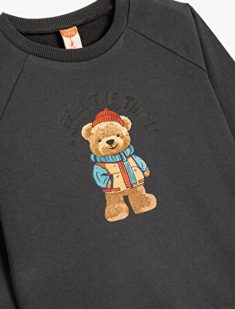 Ayıcık Baskılı Uzun Kollu Bisiklet Yaka Pamuklu Şardonlu Sweatshirt