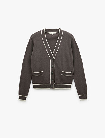 Uzun Kollu Cepli V Yaka Çizgili Triko Hırka