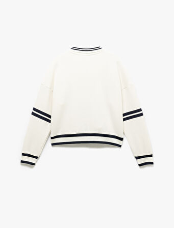 Nakış Detaylı Çizgili Oversize Yarım Fermuarlı Sweatshirt
