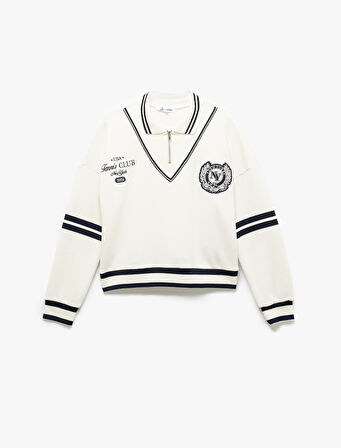 Nakış Detaylı Çizgili Oversize Yarım Fermuarlı Sweatshirt