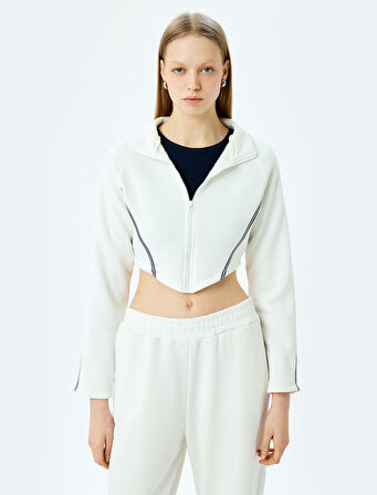 Şardonlu Uzun Kollu Şerit Detaylı Fermuarlı Crop Sweatshirt