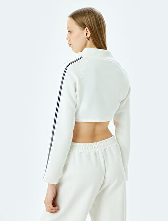 Şardonlu Uzun Kollu Şerit Detaylı Fermuarlı Crop Sweatshirt