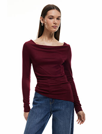 Viskon Asimetrik Uzun Kollu Slim Fit Degaje Yaka Tişört
