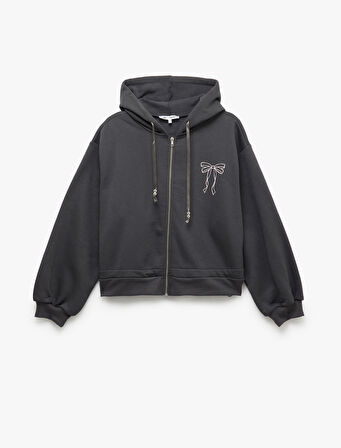 Uzun Kollu Kapüşonlu Fermuarlı Arkası Baskılı Sweatshirt