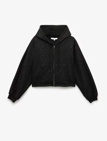 Sim Detaylı Fermuarlı Kapüşonlu Kanguru Cepli Crop Sweatshirt