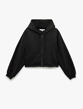 Şardonlu Sim Detaylı Fermuarlı Kapüşonlu Kanguru Cepli Crop Sweatshirt