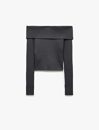 Slim Fit Uzun Kollu Omzu Açık Madonna Yaka Triko Kazak