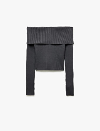 Slim Fit Uzun Kollu Omzu Açık Madonna Yaka Triko Kazak