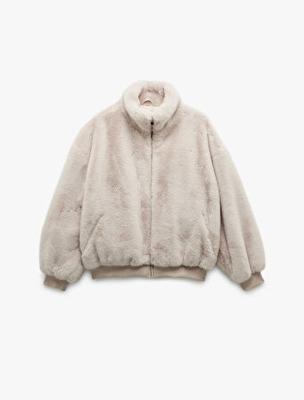 Fermuarlı Dik Yaka Cepli Suni Kürk Peluş Oversize Crop Mont