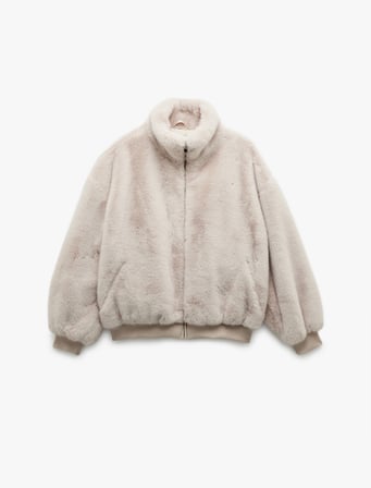 Fermuarlı Dik Yaka Cepli Suni Kürk Peluş Oversize Crop Mont