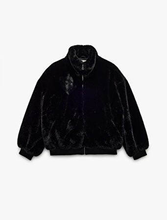 Fermuarlı Dik Yaka Cepli Suni Kürk Peluş Oversize Crop Mont