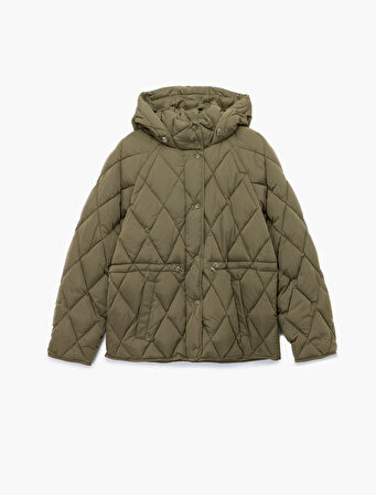 Beli Bağcıklı Uzun Kollu Cepli Su İtici Kapüşonlu Kapitone Şişme Mont