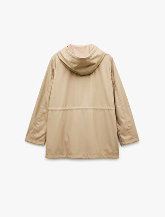 Cepli Beli Bağlamalı Uzun Kollu Fermuarlı Kapüşonlu Yağmurluk