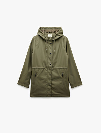 Cepli Beli Bağlamalı Uzun Kollu Fermuarlı Kapüşonlu Yağmurluk