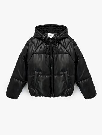 Fermuarlı Uzun Kollu Cepli Kapüşonlu Crop Suni Deri Şişme Mont