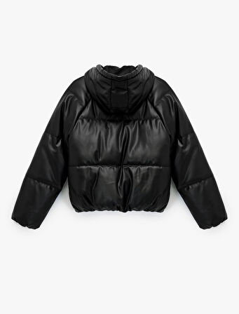 Fermuarlı Uzun Kollu Cepli Kapüşonlu Crop Suni Deri Şişme Mont