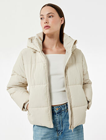 Polar Cep Detaylı Fermuarlı Uzun Kollu Kapüşonlu Crop Şişme Mont