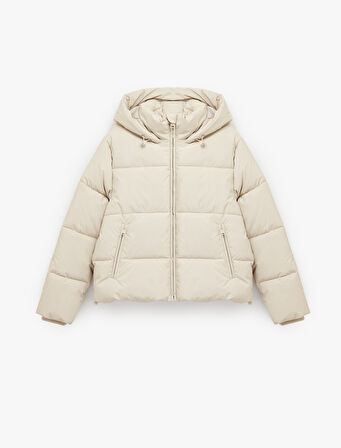 Polar Cep Detaylı Fermuarlı Uzun Kollu Kapüşonlu Crop Şişme Mont