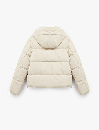 Polar Cep Detaylı Fermuarlı Uzun Kollu Kapüşonlu Crop Şişme Mont