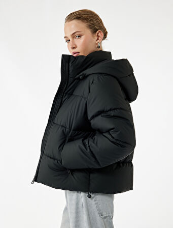 Polar Cep Detaylı Fermuarlı Uzun Kollu Kapüşonlu Crop Şişme Mont