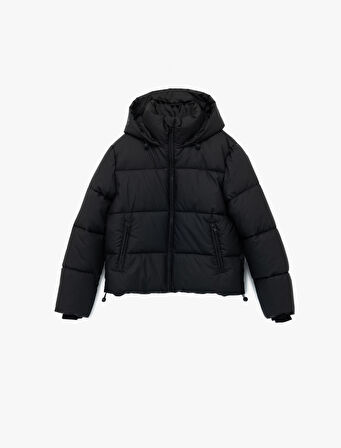 Polar Cep Detaylı Fermuarlı Uzun Kollu Kapüşonlu Crop Şişme Mont