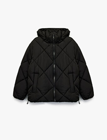 Polar Cep Detaylı Uzun Kollu Fermuarlı Su İtici Kapşonlu Kapitone Mont