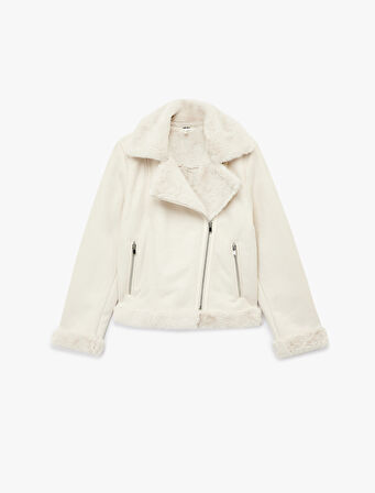 Cepli Fermuarlı Uzun Kollu Peluş Yaka Süet Görünümlü Crop Biker Ceket