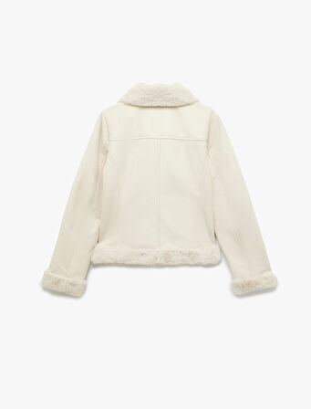 Cepli Fermuarlı Uzun Kollu Peluş Yaka Süet Görünümlü Crop Biker Ceket