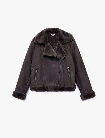 Cepli Fermuarlı Uzun Kollu Peluş Yaka Süet Görünümlü Crop Biker Ceket