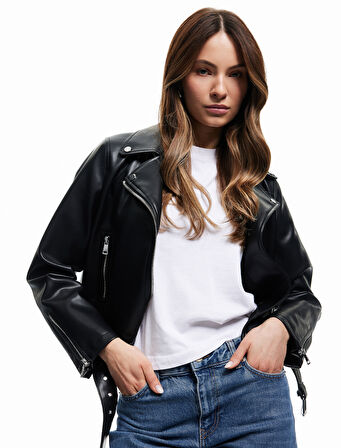Cepli Uzun Kollu Fermuarlı Kruvaze Suni Deri Biker Ceket