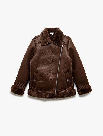 Peluş Astarlı Uzun Kollu Yakası Suni Kürklü Kruvaze Deri Görünümlü Ceket