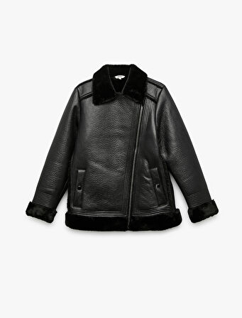 Peluş Astarlı Uzun Kollu Yakası Suni Kürklü Kruvaze Deri Görünümlü Ceket