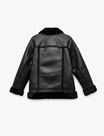 Peluş Astarlı Uzun Kollu Yakası Suni Kürklü Kruvaze Deri Görünümlü Ceket