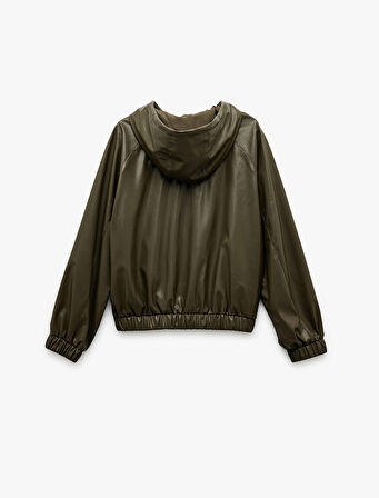 Fermuarlı Cepli Uzun Kollu Kapüşonlu Crop Suni Deri Bomber Ceket