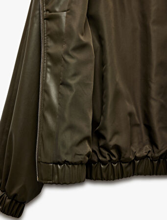 Fermuarlı Cepli Uzun Kollu Kapüşonlu Crop Suni Deri Bomber Ceket