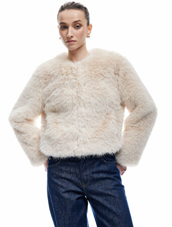 Koton X Melis Ağazat - Suni Kürk Mont Crop Uzun Kollu Bisiklet Yaka