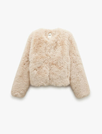 Koton X Melis Ağazat - Suni Kürk Mont Crop Uzun Kollu Bisiklet Yaka